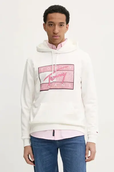 Bavlněná mikina Tommy Jeans pánská, béžová barva, s kapucí, s potiskem, DM0DM21100