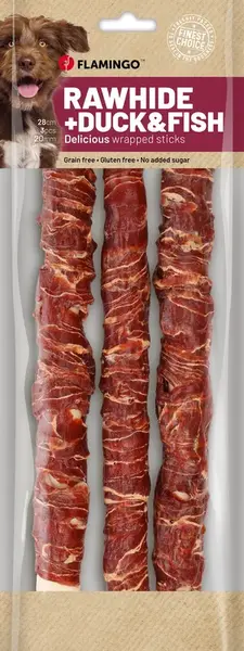 Flamingo R'Hide tyčinky, pamlsky pro psy - kachna, treska 280 g (3 ks 28 cm, 93 g/ks)
