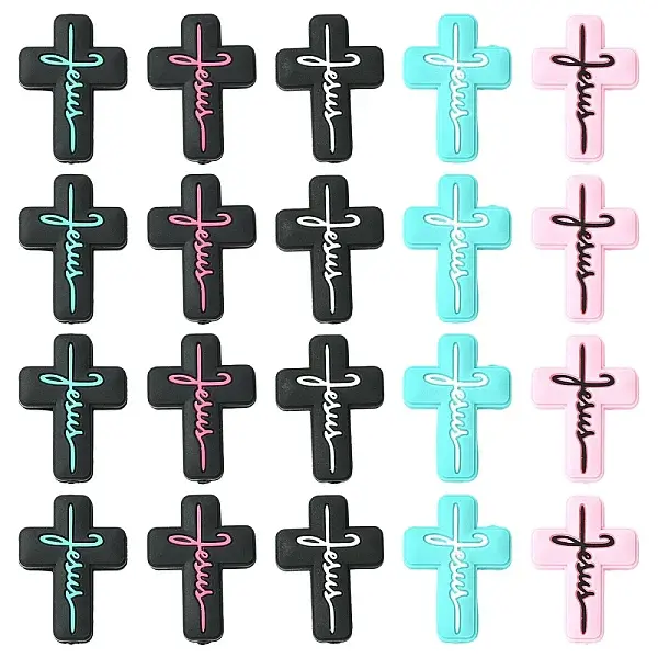 15Pcs 5 Colors Cross with Word Jesus Silicone Focal Beads