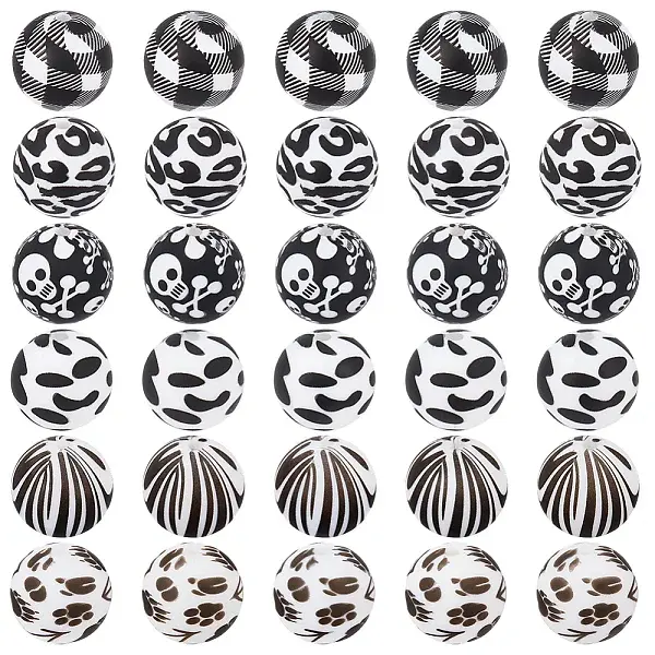 48Pcs 6 Styles Black with White Silicone Beads