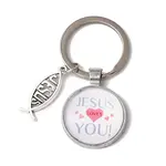 I Love Jesus Symbol Glass Pendant Keychain with Alloy Jesus Fish Charm