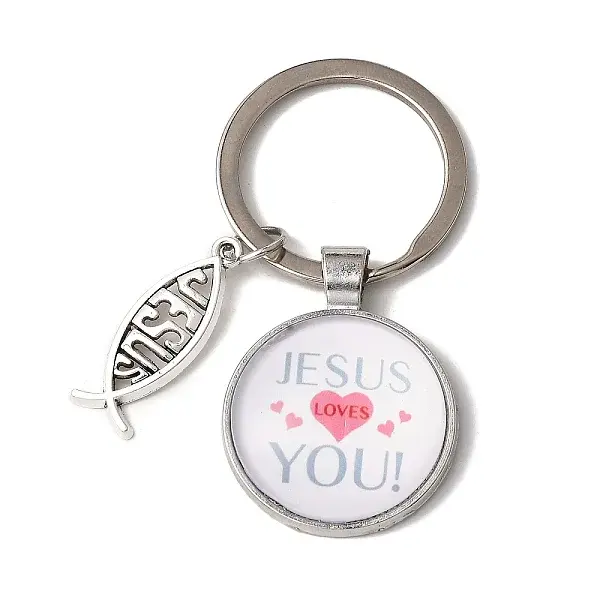 I Love Jesus Symbol Glass Pendant Keychain with Alloy Jesus Fish Charm