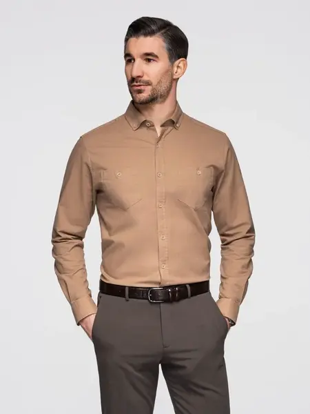 Ombre Men's linen shirt with classic collar and pockets REGULAR FIT - light brown