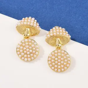 Brass ABS Plastic Pearl Mushroom Dangle Stud Earrings