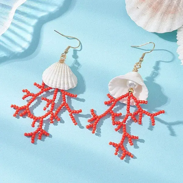 Shell Shape Glass Seed Beaded & Clam Shell Dangle Earrings
