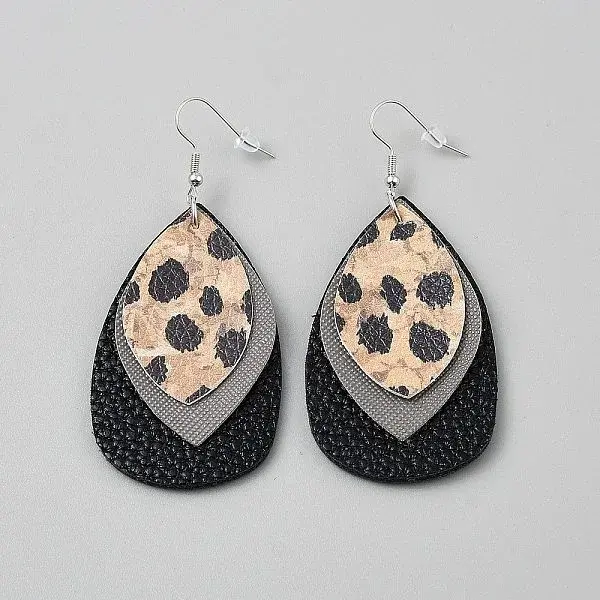 Leather Leopard Print Teardrop Dangle Earrings