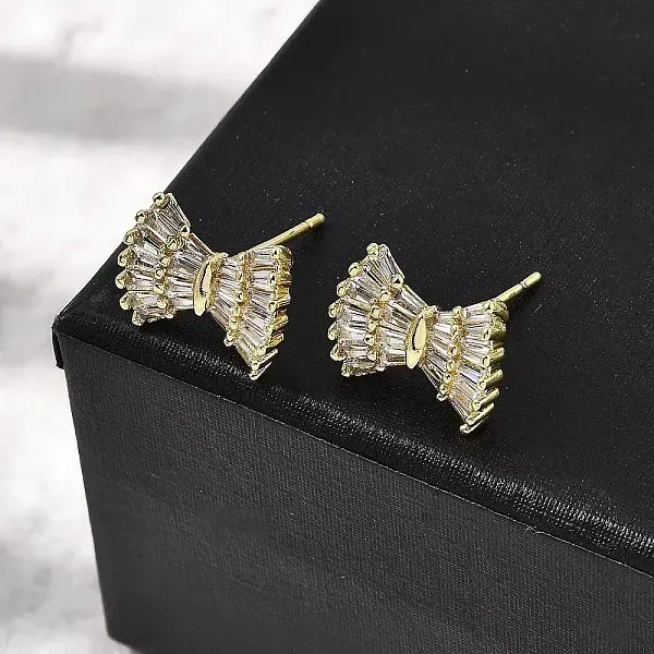 Brass Clear Cubic Zirconia Bowknot Stud Earrings