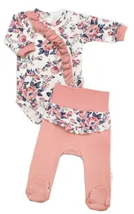 Baby Nellys Bavlněná sada 2D, body + polodupačky Růžičky, pudrově růžová