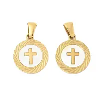 304 Stainless Steel Pave Natural White Shell Flat Round Pendant Necklaces