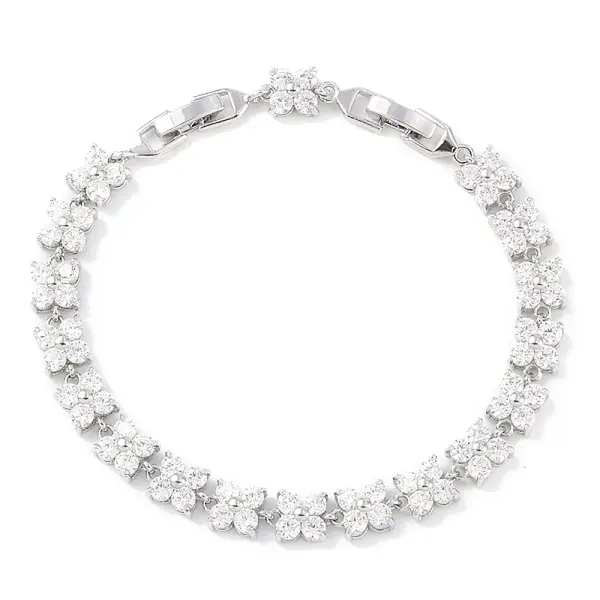 Noble Gift Ideas for Lady Platinum Tone Brass Micro Pave Cubic Zirconia CZ Flower Link Chain Bracelets