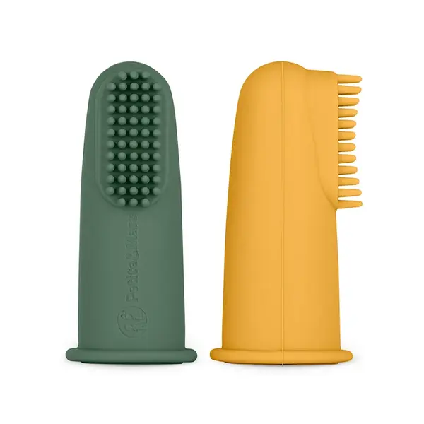 Petite&Mars Sada silikonových zubních kartáčků na prst 0m+ 2 ks Ochre&Green