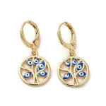 Tree with Evil Eye Golden Brass Dangle Leverback Earrings