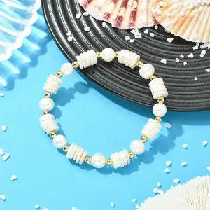 Electroplated Shell Pearl & Brass Beaded Stretch Bracelets for Women