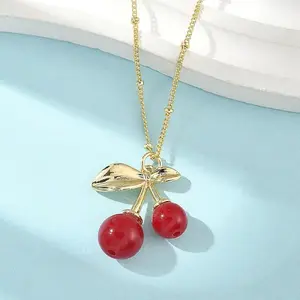 Brass Resin Fruit Cherry Pendant Satellite Chain Necklaces for Women