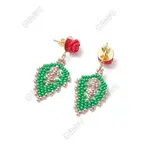 Rose with Leaf Seed Beads Dangle Stud Earrings