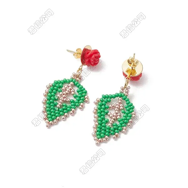 Rose with Leaf Seed Beads Dangle Stud Earrings