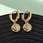Flat Round with Tree Brass Micro Pave Clear Cubic Zirconia Hoop Earrings