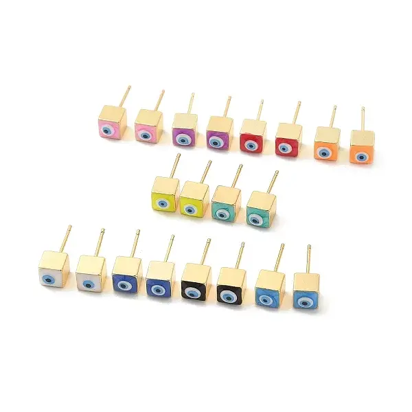 Long-Lasting Plated Cube with Enamel Evil Eye Stud Earring