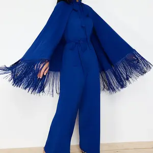 Trendyol námořnicky modrý večerní overal s třásněmi a pláštěm