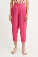 Lněné kalhoty United Colors of Benetton dámské, růžová barva, široké, high waist, 4AGHDF08L