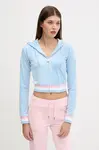 Mikina Juicy Couture VELOUR CROPPED STRIPE HOODIE dámská, modrá barva, s kapucí, s aplikací, JCWAS225351