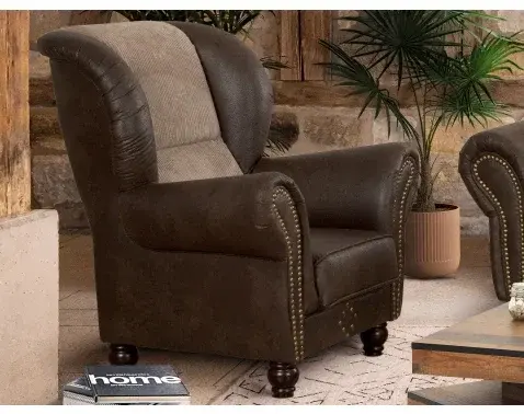 Kreslo ušiak Carlos, hnedá látka vo vintage optike koža/béžová štruktúrovaná látka%