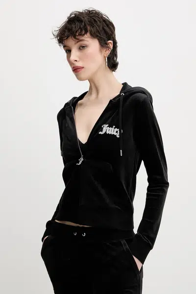 Velurová mikina Juicy Couture ROBERTSON CAVIAR černá barva, s aplikací, JCBAS125805