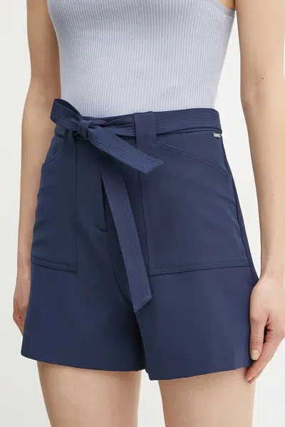Kraťasy Guess VALENTINA dámské, tmavomodrá barva, hladké, high waist, W5GD0I WH9Y2
