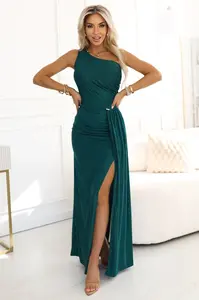 600-2 SELENA shimmering long one-shoulder dress with a slit - green with glitter