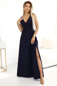 634-1 MIRA elegant maxi dress with a wrap neckline and a slit on the leg - navy blue