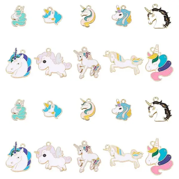 40Pcs 10 Style Light Gold Alloy Enamel Pendants