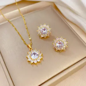 Brass Micro Pave Cubic Zirconia Pendant Necklace & Stud Earrings