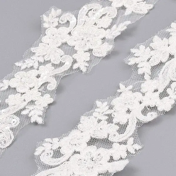 Polyester Flower Embroidery Lace Trim with Glass Beads