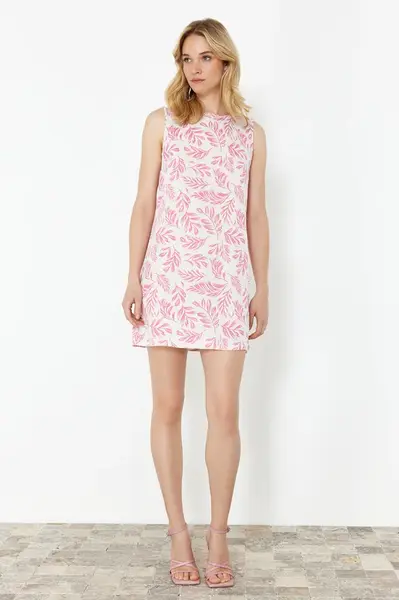 Trendyol Pink Floral Patterned Straight Cut Mini Woven Dress