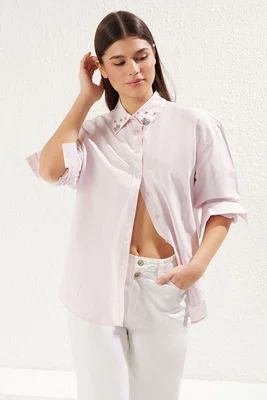 Trendyol Light Pink Collar Stone Detail Oversize Woven Shirt