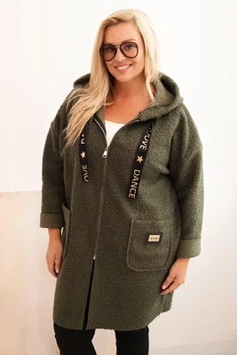 Kesi Włoski Dámský plášť Plus Size z umělé beránkové látky s kapucí a kapsami khaki