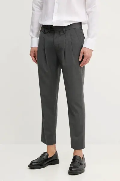 Kalhoty s příměsí vlny Tommy Hilfiger pánské, šedá barva, přiléhavé, SQTHL5608.SQTH401