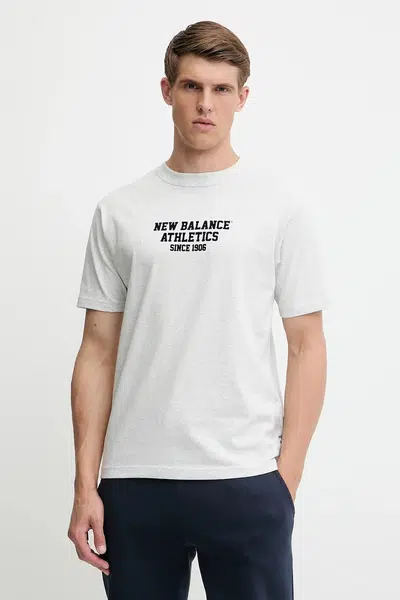 Bavlněné tričko New Balance pánské, šedá barva, s aplikací, MT51526AHH