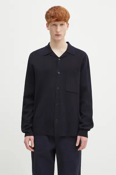 Vlněný kardigan Norse Projects Nicolai Merino Cotton Milano Jacket pánský, tmavomodrá barva, N45.0619.7004