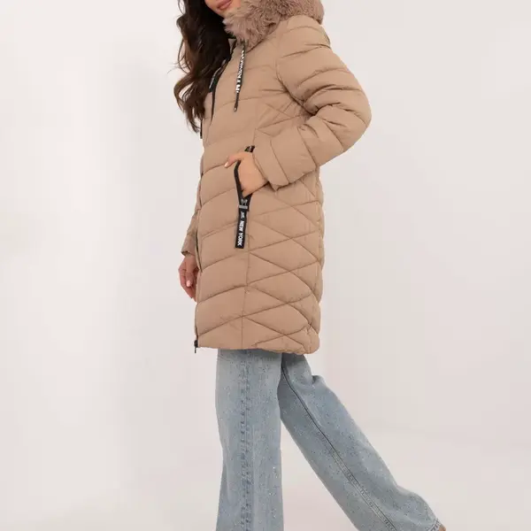 Beige long winter jacket with hood