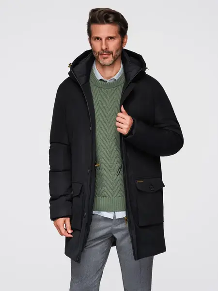 Ombre Elegant men's parka with cargo pockets and hood - black