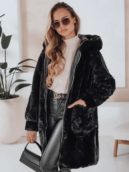 Dámský černý futerkový kabát MISSFLUFF