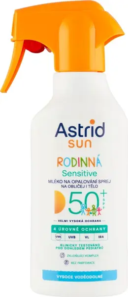 ASTRID SUN Rodinné mlieko na opalovanie Sensitive sprej OF 50+