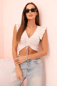 Kesi Dámská pruhovaná blůza s nařasením a volánky pudrově růžová