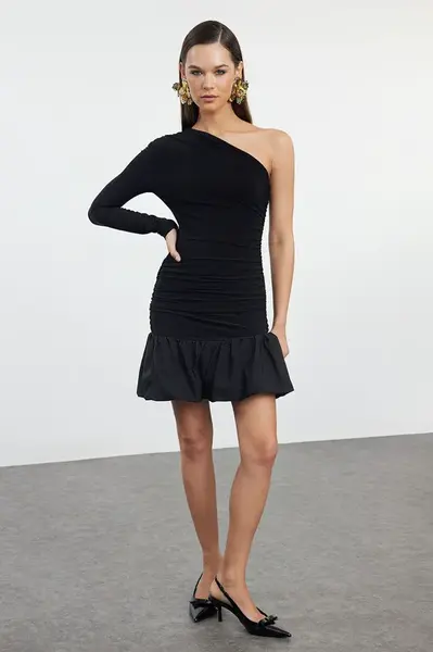 Trendyol Black Single Sleeve Balloon Skirt Detail Woven Stylish Mini Evening Dress