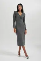 DEFACTO Bodycon Basic Plain Bodycon V Neck Sequined Fabric Midi Long Sleeve Dress