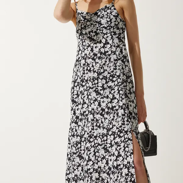 Happiness İstanbul Women's Black and White Strap Patterned Viscose Dress