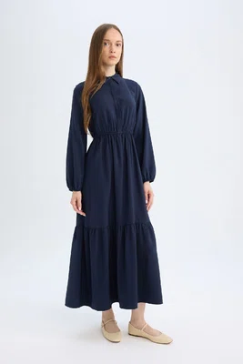 DEFACTO Shirt Collar Basic Plain Buttoned Waist Gathered Long Sleeve Maxi Navy Blue Dress