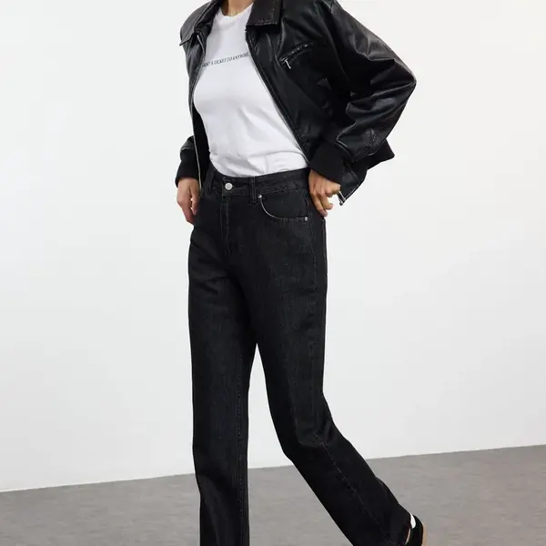 Trendyol Black High Waist Long Straight Jeans