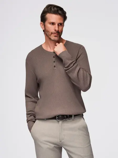 Ombre Men's ribbed sweater with buttons at the neckline - ash
